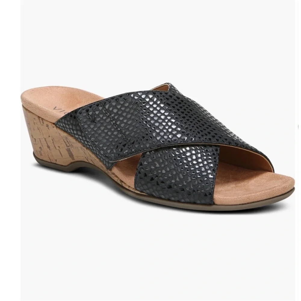 Vionic Black Textured Crossband Wedge Slide